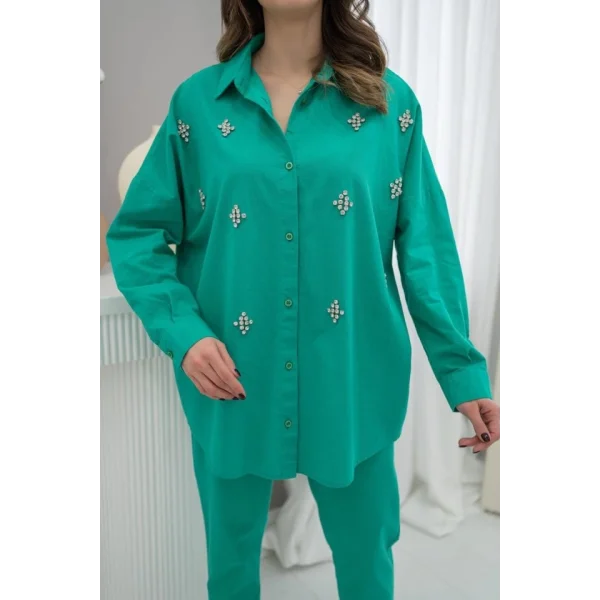 Yeşil Klasik Taşlı Keten Takım Takım