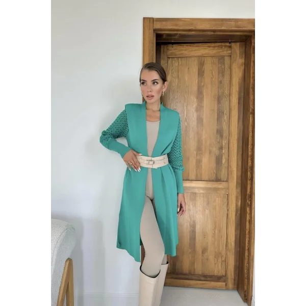 Yeşil Kolları Örgülü Triko Hırka