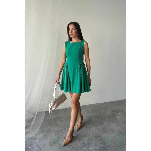 Yeşil Mini Boy Büzgülü Keten Elbise