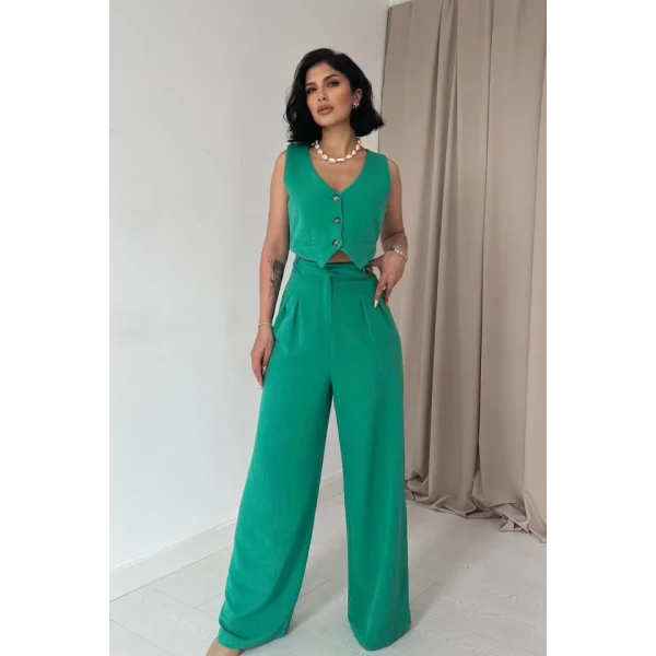 Yeşil Önü Düğmeli Yelek Ve Pantolon Takım