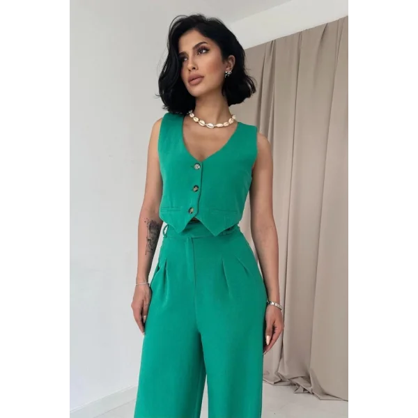 Yeşil Önü Düğmeli Yelek Ve Pantolon Takım