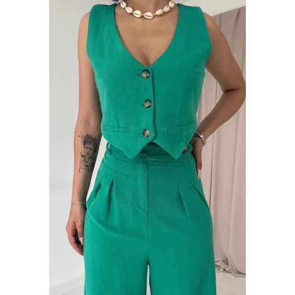 Yeşil Önü Düğmeli Yelek Ve Pantolon Takım