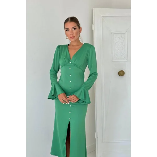 Yeşil Önü Düğmeli Yırtmaçlı Saten Elbise