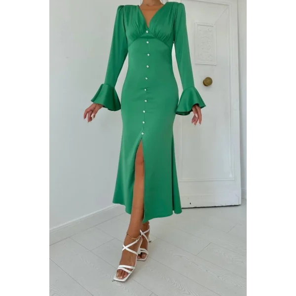 Yeşil Önü Düğmeli Yırtmaçlı Saten Elbise