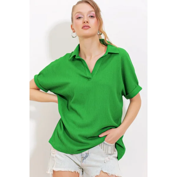 Yeşil Oversize Polo Yaka Örme Bluz 0486