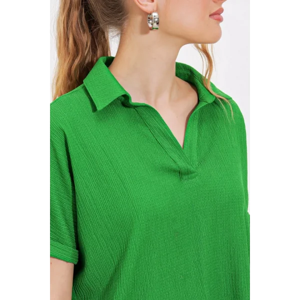 Yeşil Oversize Polo Yaka Örme Bluz 0486