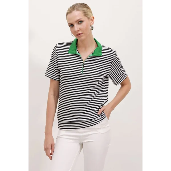 Yeşil Polo Yaka Fermuarlı Çizgili Tişört 0497