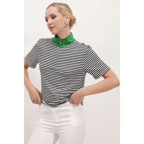 Yeşil Polo Yaka Fermuarlı Çizgili Tişört 0497