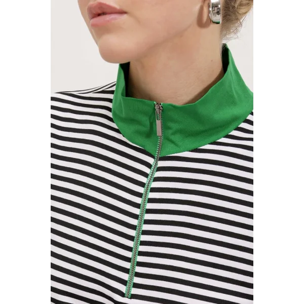 Yeşil Polo Yaka Fermuarlı Çizgili Tişört 0497