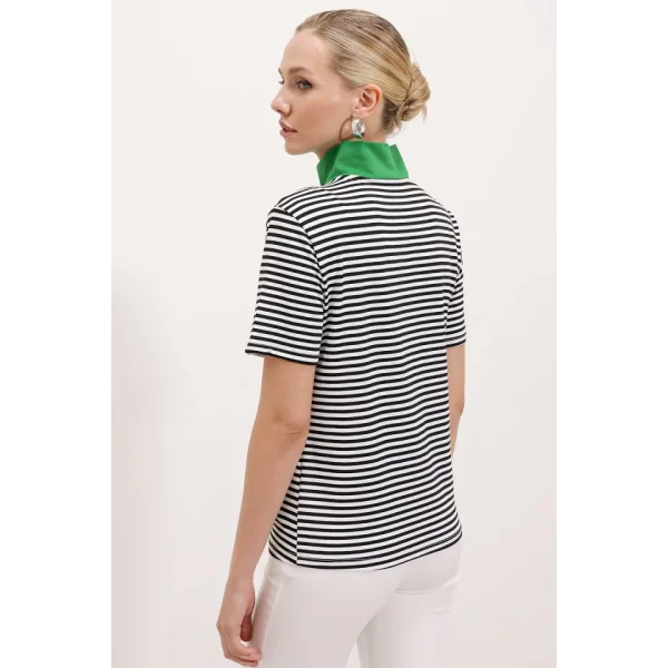 Yeşil Polo Yaka Fermuarlı Çizgili Tişört 0497