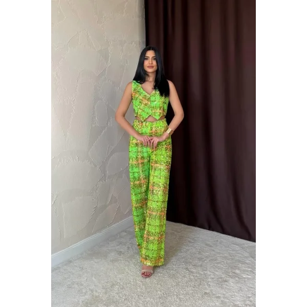 Yeşil Pullu Yelek Ve Pantolon Takım