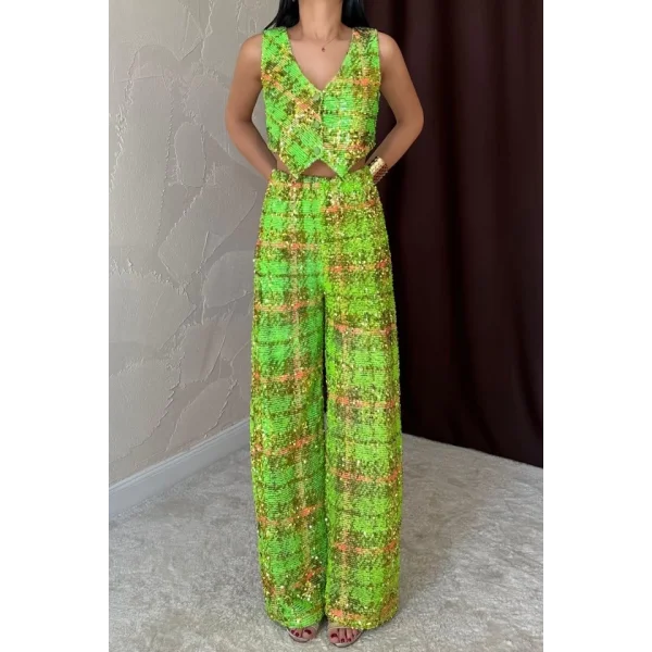 Yeşil Pullu Yelek Ve Pantolon Takım