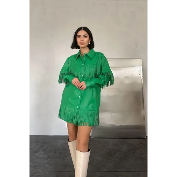 Yeşil Püsküllü Deri Gömlek