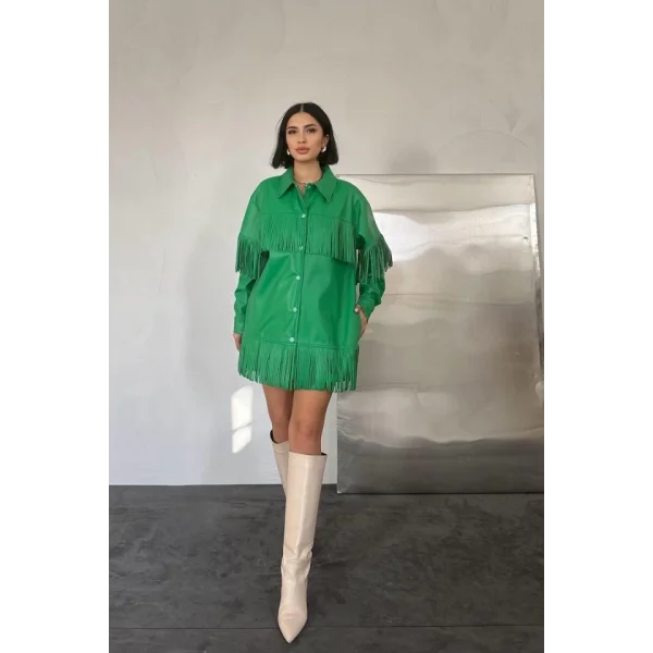 Yeşil Püsküllü Deri Gömlek