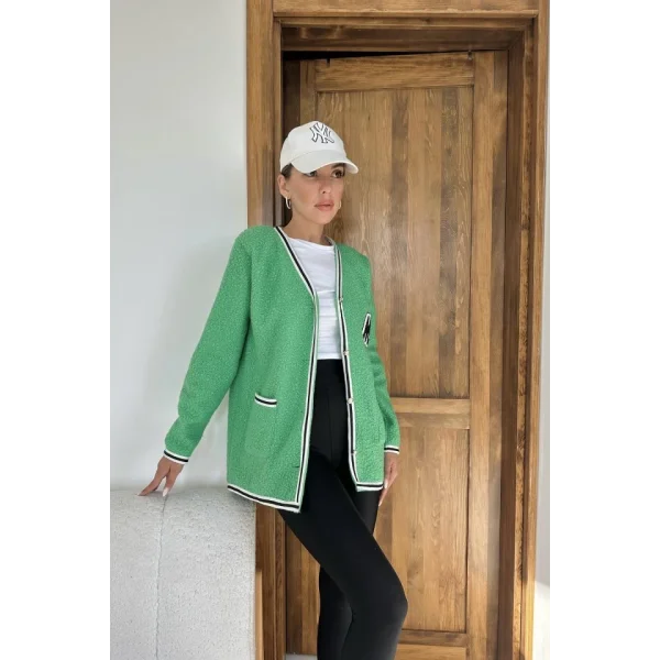 Yeşil Şeritli Bukle Hırka