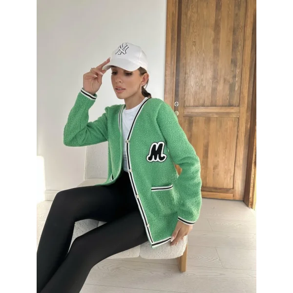 Yeşil Şeritli Bukle Hırka