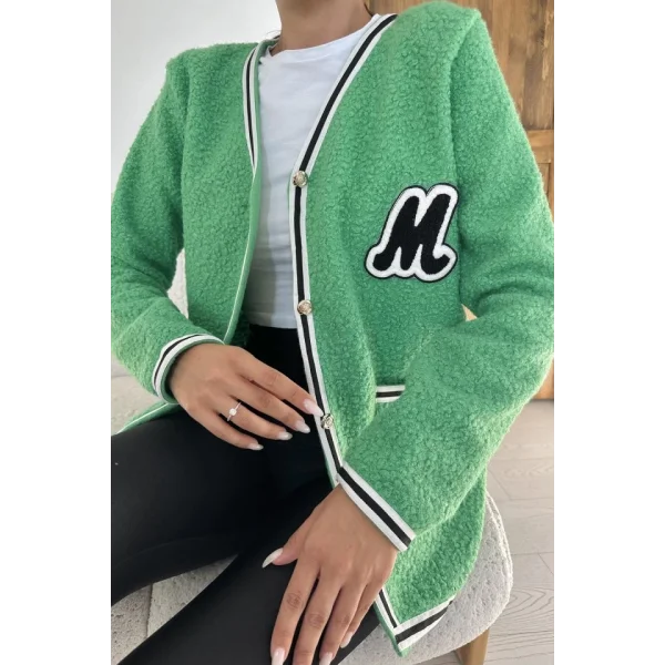 Yeşil Şeritli Bukle Hırka