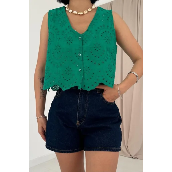 Yeşil Sıfır Kol Brode Bluz