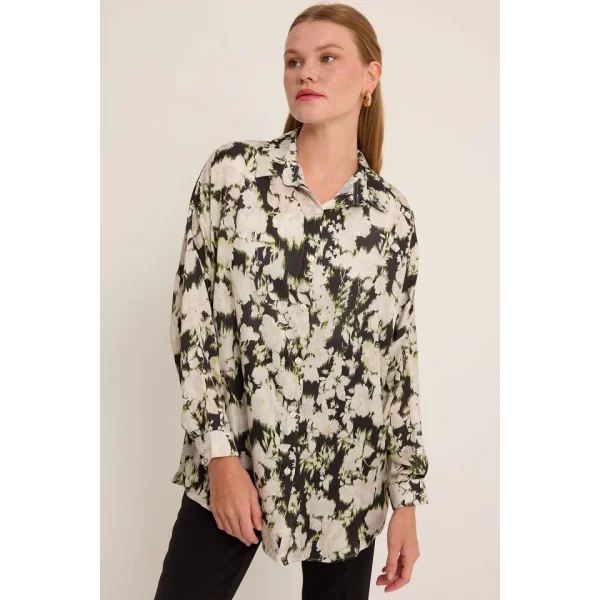 Yeşil Siyah Çiçek Desenli Oversize Saten Gömlek 3985