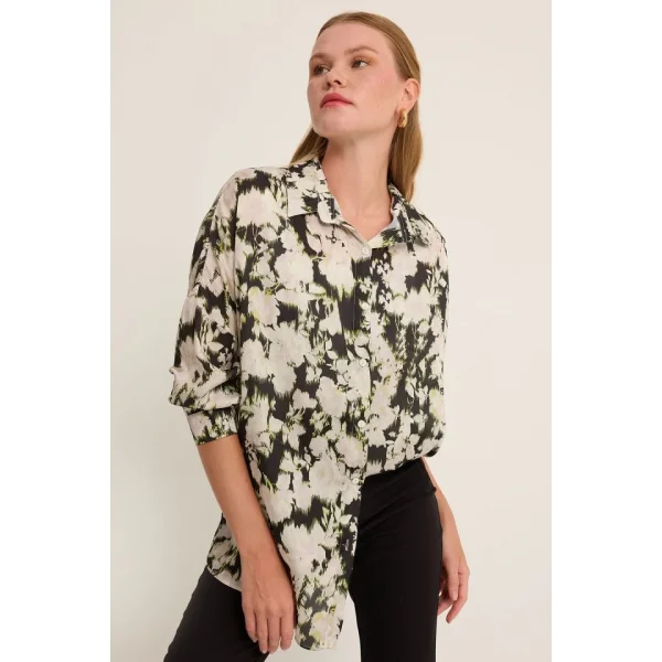 Yeşil Siyah Çiçek Desenli Oversize Saten Gömlek 3985