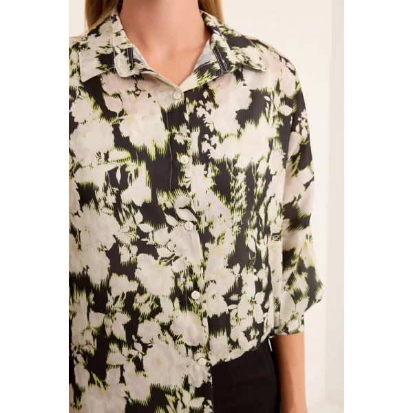 Yeşil Siyah Çiçek Desenli Oversize Saten Gömlek 3985