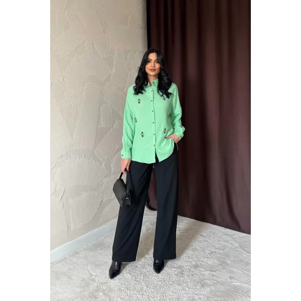 Yeşil Taş İşlemeli Gömlek