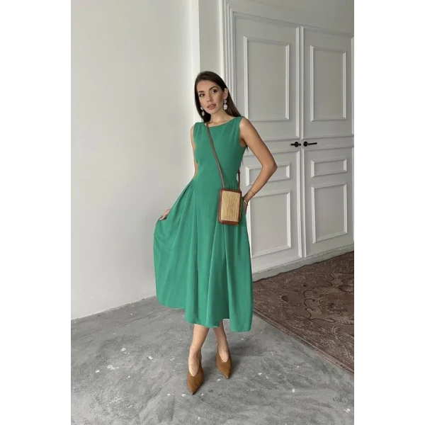 Yeşil Yanları Büzgülü Midi Boy Keten Elbise