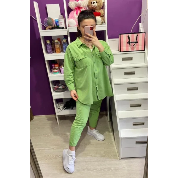 Yeşil Yıkamalı Gömlek Ve Pantolon Takım