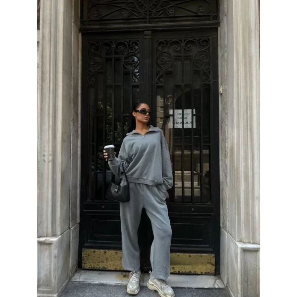 Yıkamalı iki iplik Kumaş Yakalı Fermuarlı Oversize Eşofman Takımı - Gri