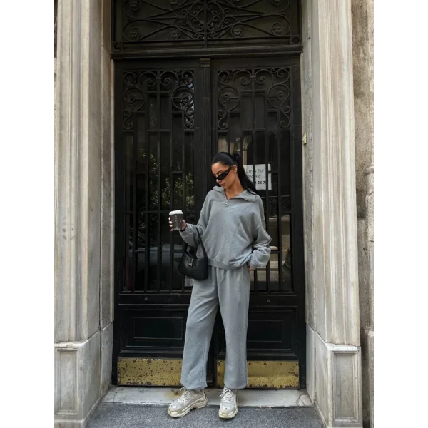 Yıkamalı iki iplik Kumaş Yakalı Fermuarlı Oversize Eşofman Takımı - Gri