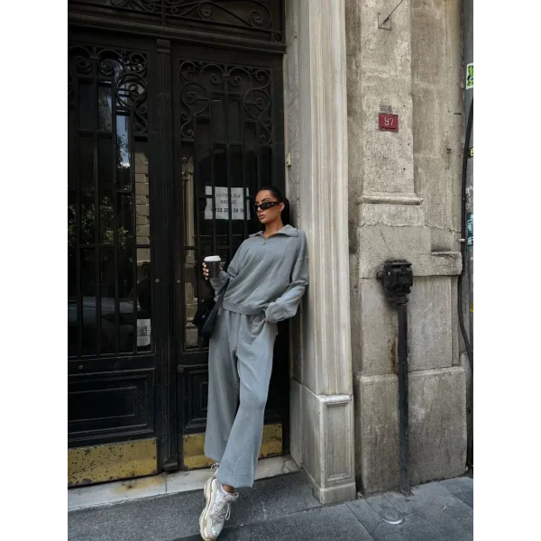 Yıkamalı iki iplik Kumaş Yakalı Fermuarlı Oversize Eşofman Takımı - Gri