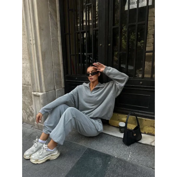 Yıkamalı iki iplik Kumaş Yakalı Fermuarlı Oversize Eşofman Takımı - Gri