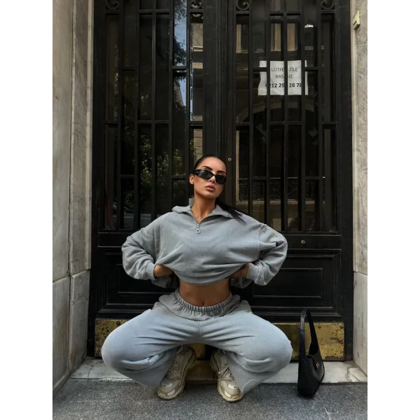 Yıkamalı iki iplik Kumaş Yakalı Fermuarlı Oversize Eşofman Takımı - Gri