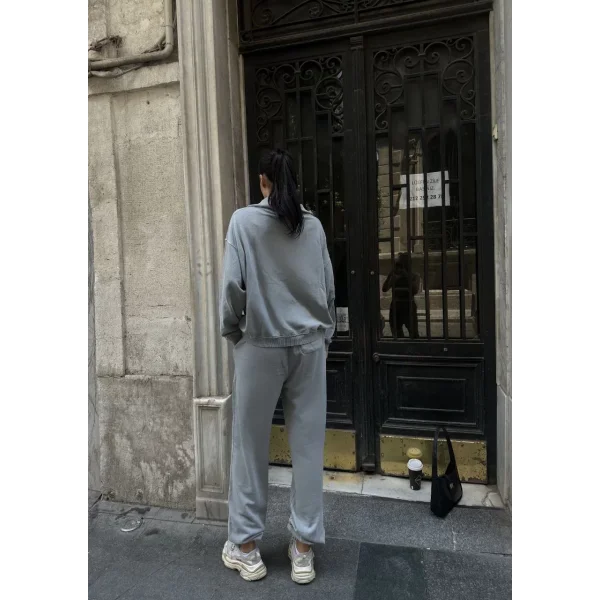 Yıkamalı iki iplik Kumaş Yakalı Fermuarlı Oversize Eşofman Takımı - Gri