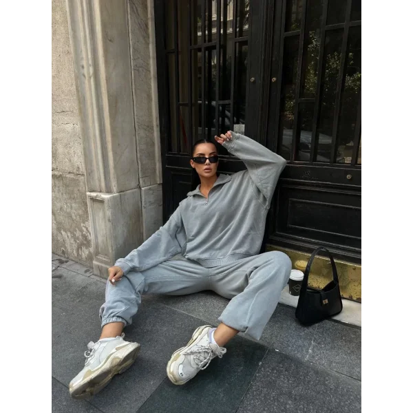 Yıkamalı iki iplik Kumaş Yakalı Fermuarlı Oversize Eşofman Takımı - Gri