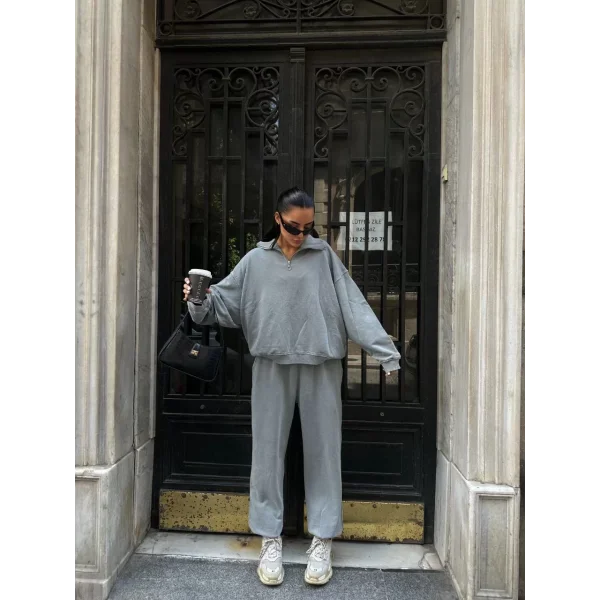 Yıkamalı iki iplik Kumaş Yakalı Fermuarlı Oversize Eşofman Takımı - Gri