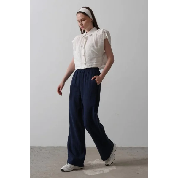 Yıkamalı Müslin Pantolon - Lacivert