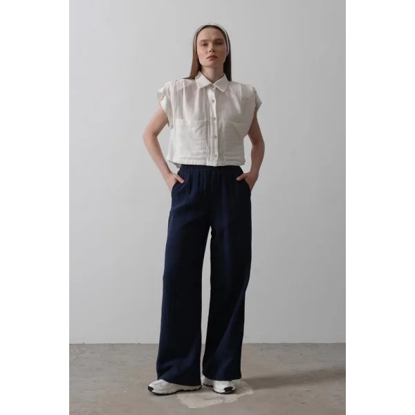 Yıkamalı Müslin Pantolon - Lacivert