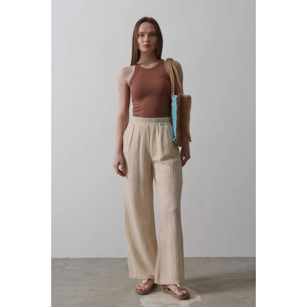 Yıkamalı Müslin Pantolon - Taş