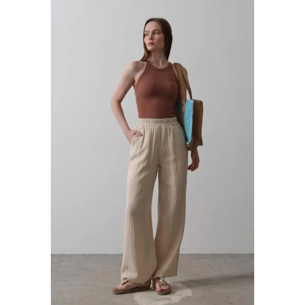 Yıkamalı Müslin Pantolon - Taş