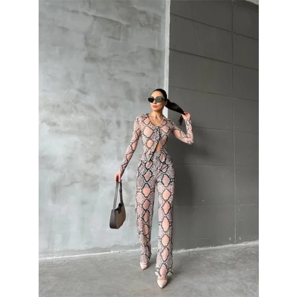 YILAN DESEN TÜL CROP GÖMLEK-PANTOLON TK - Bej