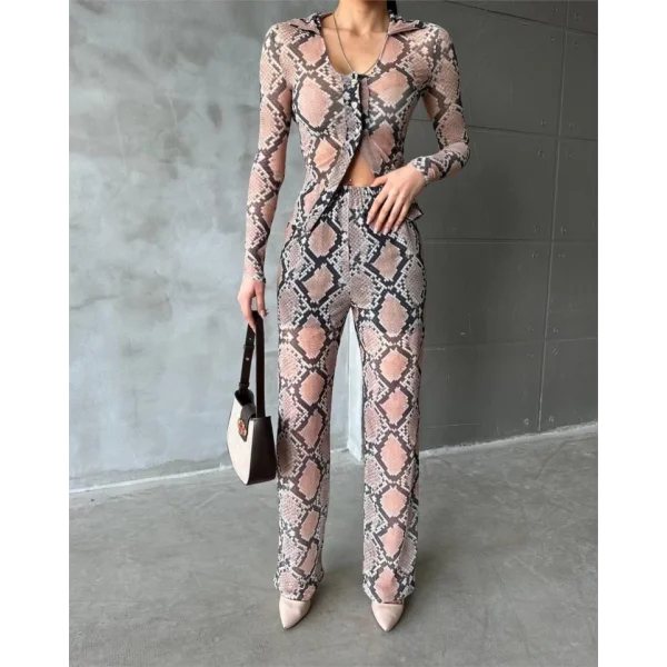 YILAN DESEN TÜL CROP GÖMLEK-PANTOLON TK - Bej