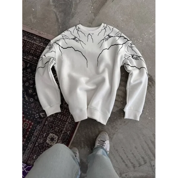 Yıldırım Baskılı Bisiklet Yaka SweatShirt - Beyaz