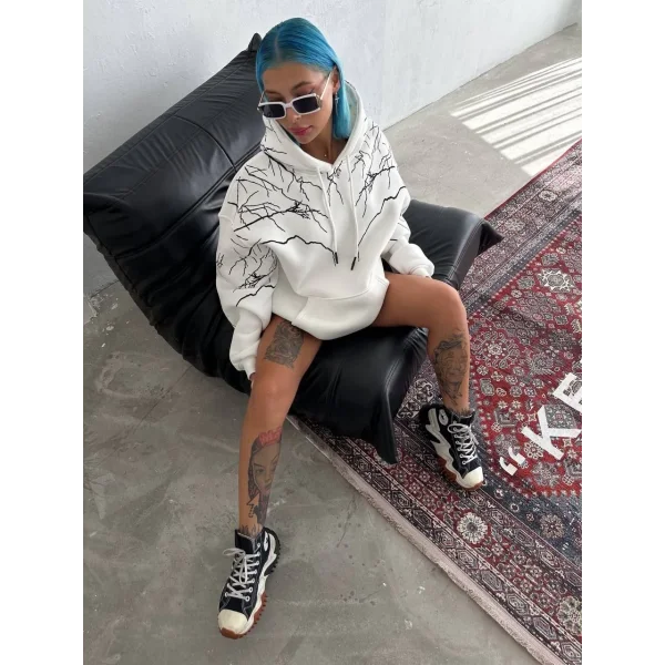 Yıldırım Baskılı Kapşonlu SweatShirt - Beyaz