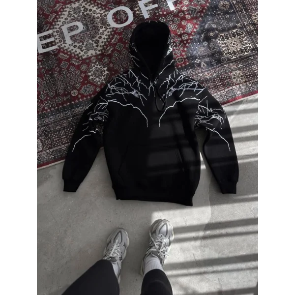 Yıldırım Baskılı Kapşonlu SweatShirt - Siyah