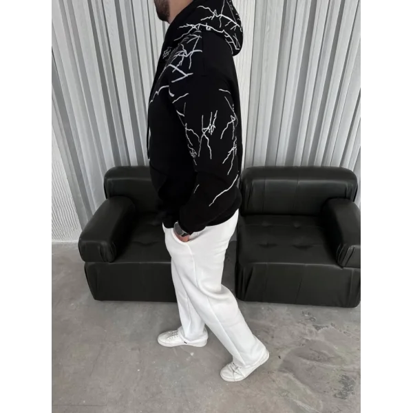 Yıldırım Baskılı Kapşonlu SweatShirt - Siyah