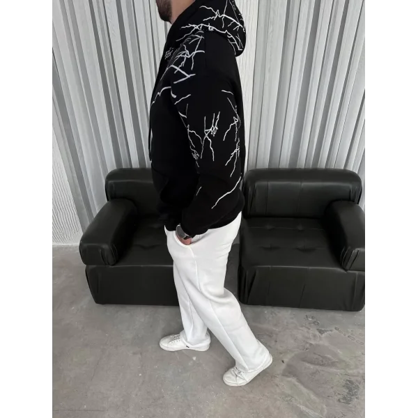 Yıldırım Baskılı Kapşonlu SweatShirt - Siyah