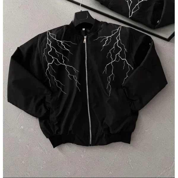 Unisex Siyah Bomber Mont – Beyaz Şimşek Desenli, Fermuarlı Cepli, Kapitone Astarlı Sokak Stili Günlük Ceket - Siyah