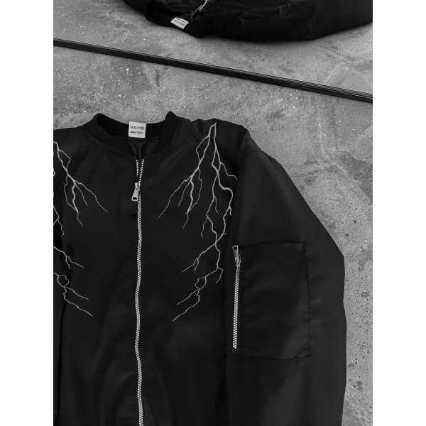 Unisex Siyah Bomber Mont – Beyaz Şimşek Desenli, Fermuarlı Cepli, Kapitone Astarlı Sokak Stili Günlük Ceket - Siyah