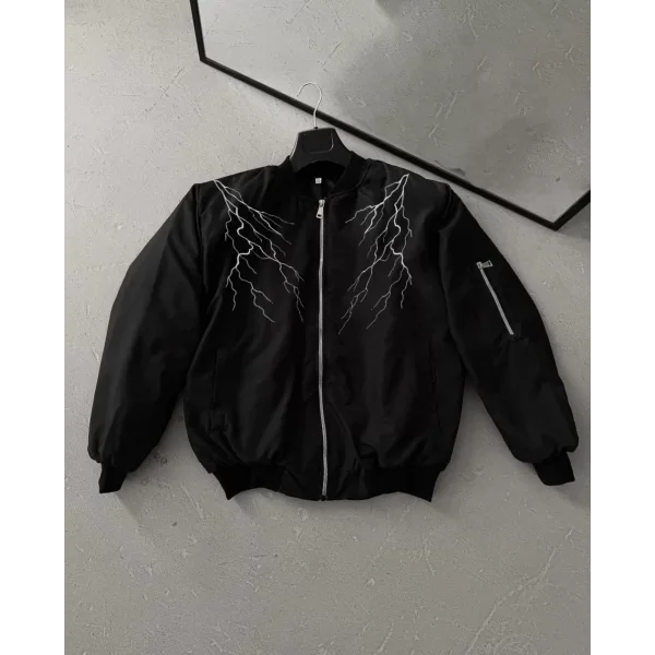 Unisex Siyah Bomber Mont – Beyaz Şimşek Desenli, Fermuarlı Cepli, Kapitone Astarlı Sokak Stili Günlük Ceket - Siyah